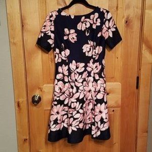 Donna Morgan Fit and Flare Dress in Blue with Pink Floral Design